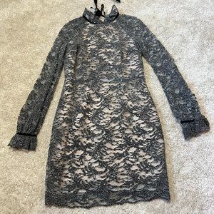 Rebecca Vallance Dress US Size 4 Billie Ruffle Mini Gray Beige Lace Long Sleeve
